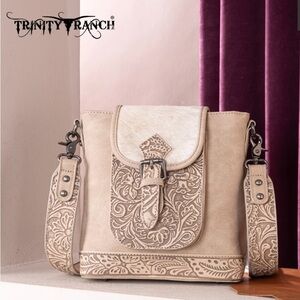 Trinity Ranch Genuine Hair-On Cowhide Tooled Concealed Carry Crossbody Bag- Tan
